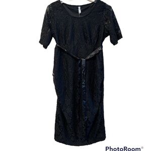 NWT Planet Motherhood maternity black lace stretch dress with ribbon belt size M